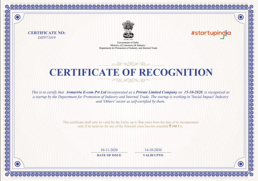 Certificate of Recognition by Startup India